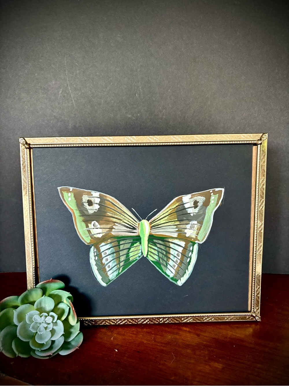 Framed Original Green Butterfly Wall Art- Gouache, Vintage Frame